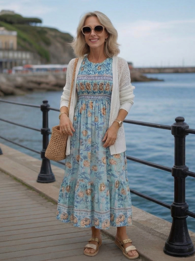 Mariselle | Robe Midi Florale à Manches Mi-Longues