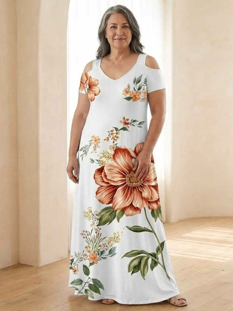 Calista | Robe maxi à col en V fleuri à manches courtes