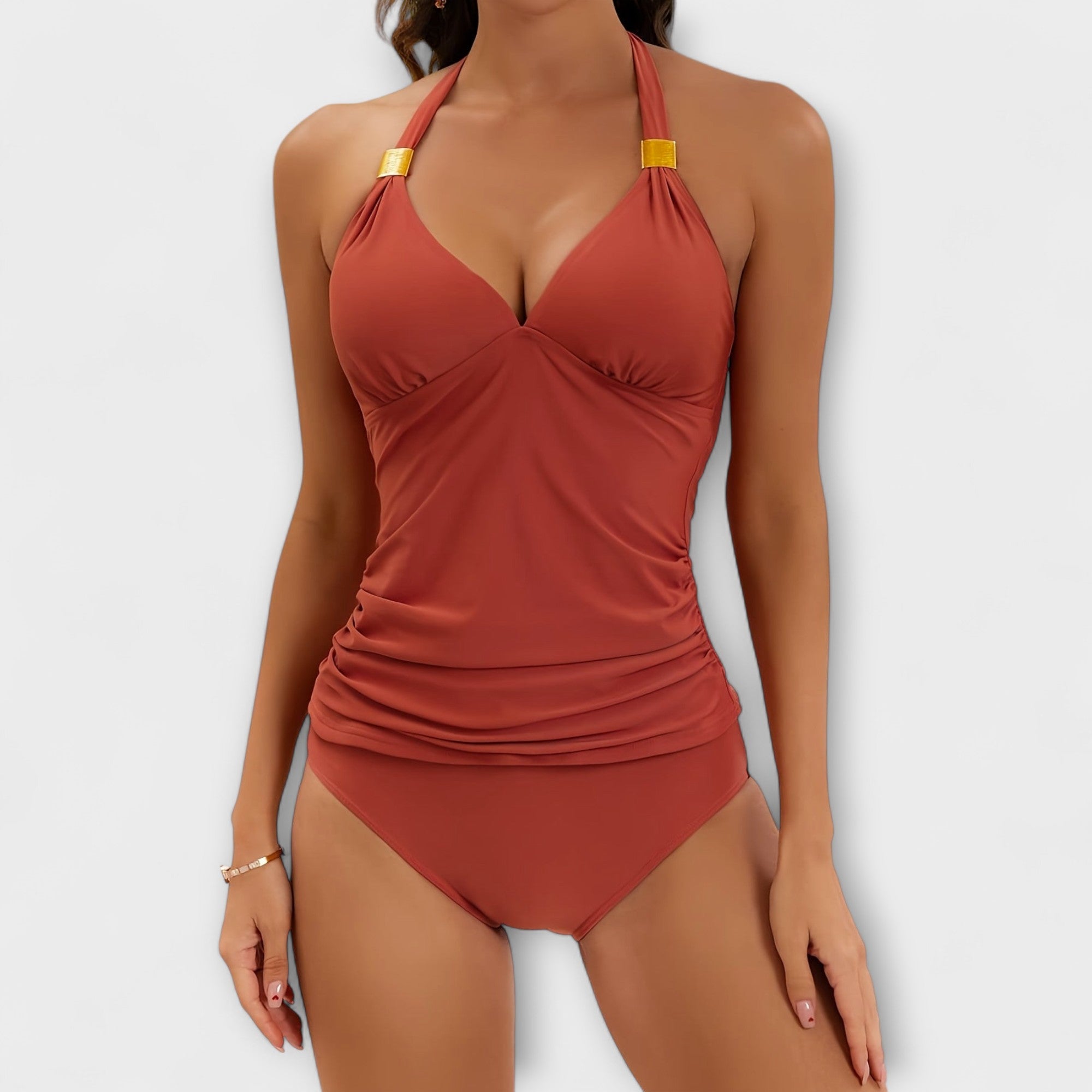 Maillot de Bain Deux Pièces pour Femme avec Col Halter et Détails Métalliques Dorés