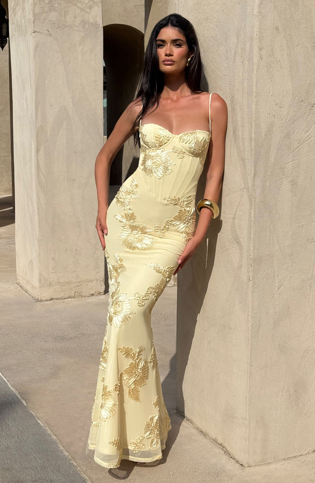 Robe Maxi Corset Invité de Mariage en Jacquard Floral
