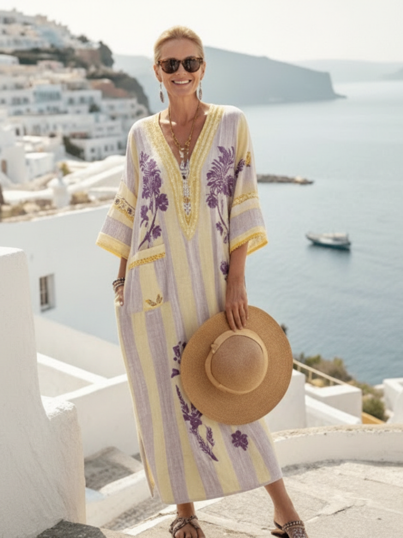 Aurelia | Robe maxi à manches mi-longues en V à rayures florales