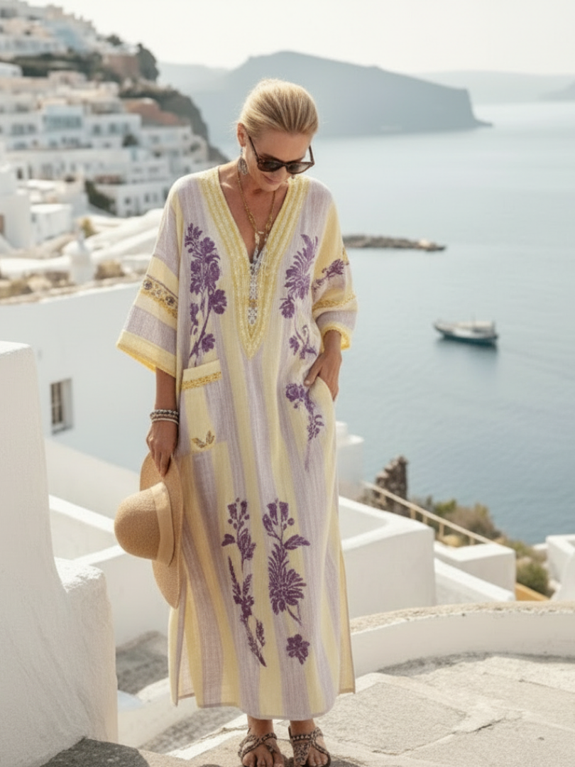 Aurelia | Robe maxi à manches mi-longues en V à rayures florales