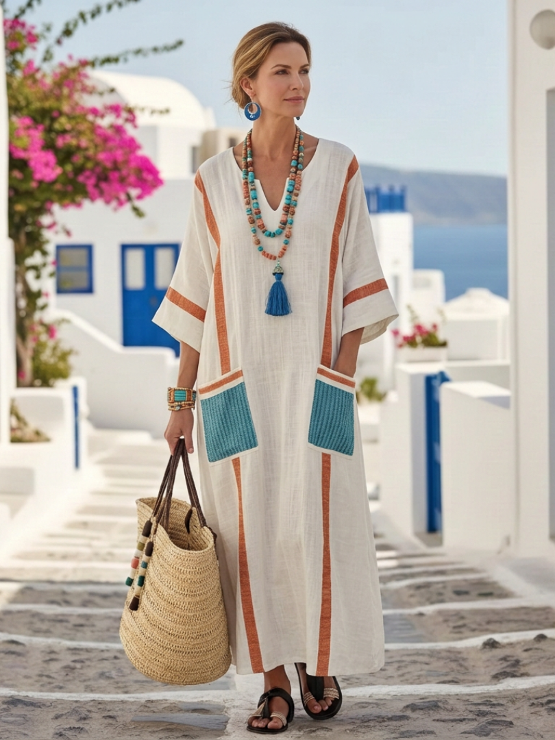 Noemi | Robe Maxi à Manches Mi-Longues et Poches en V