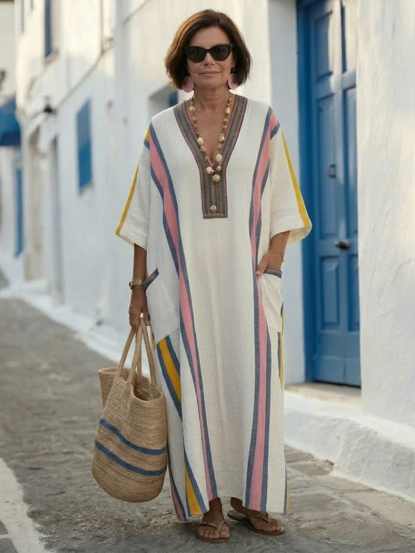Noemi | Robe Maxi à Col V et Manches Mi-Longues avec Poches