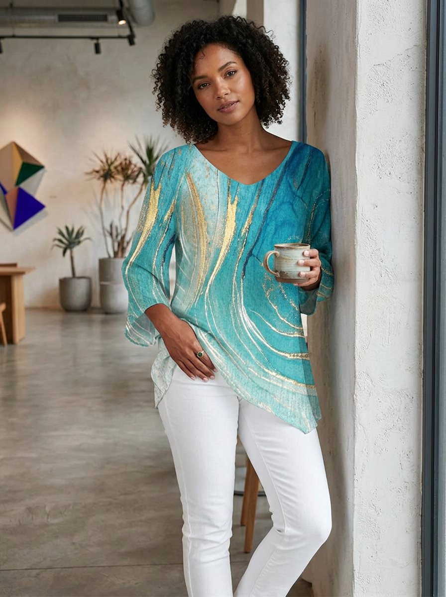 Top Femme | Imprimé Marbre & Ourlet Asymétrique