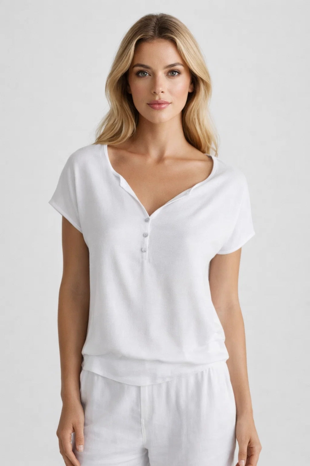 T-shirt décontracté pour femme avec col en V et manches courtes, polyester, style pull avec boutons frontaux