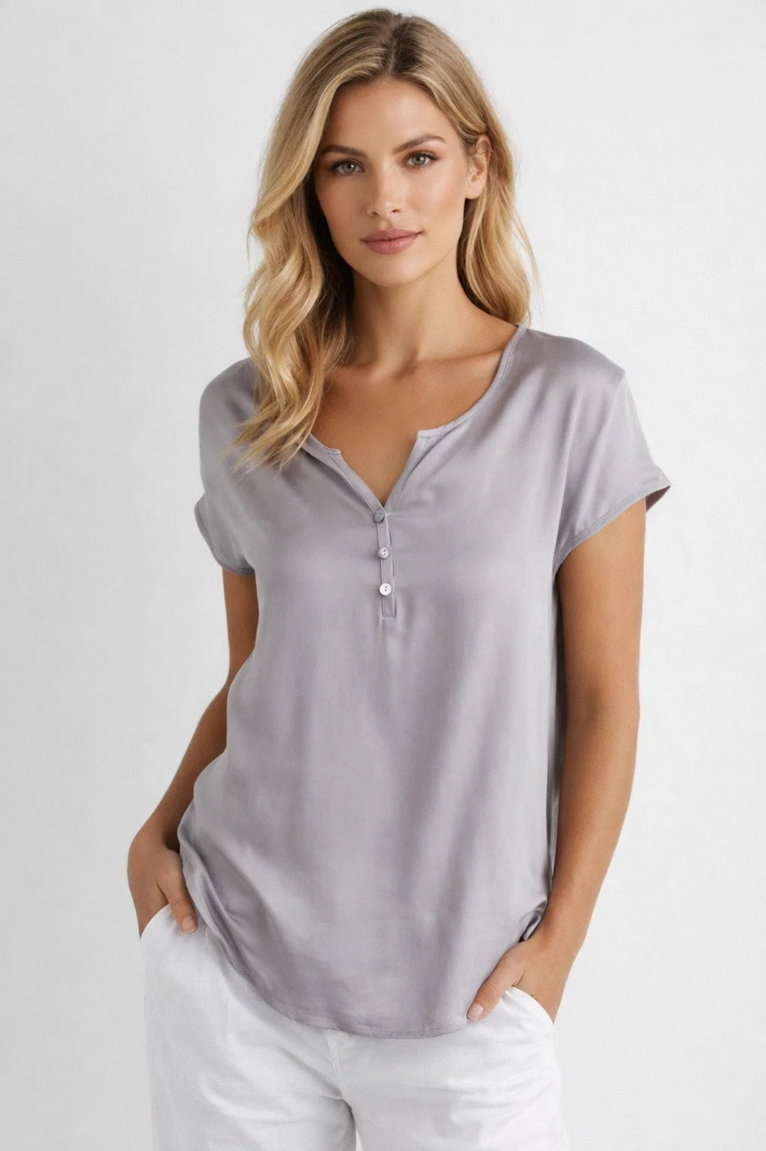 T-shirt décontracté pour femme avec col en V et manches courtes, polyester, style pull avec boutons frontaux