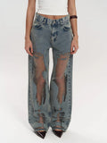 Jeans Large à Taille Haute avec Panneaux en Maille