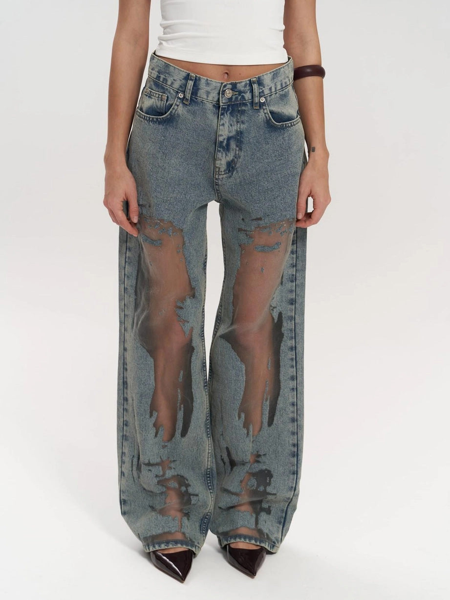 Jeans Large à Taille Haute avec Panneaux en Maille