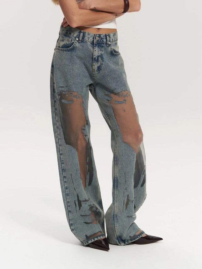 Jeans Large à Taille Haute avec Panneaux en Maille