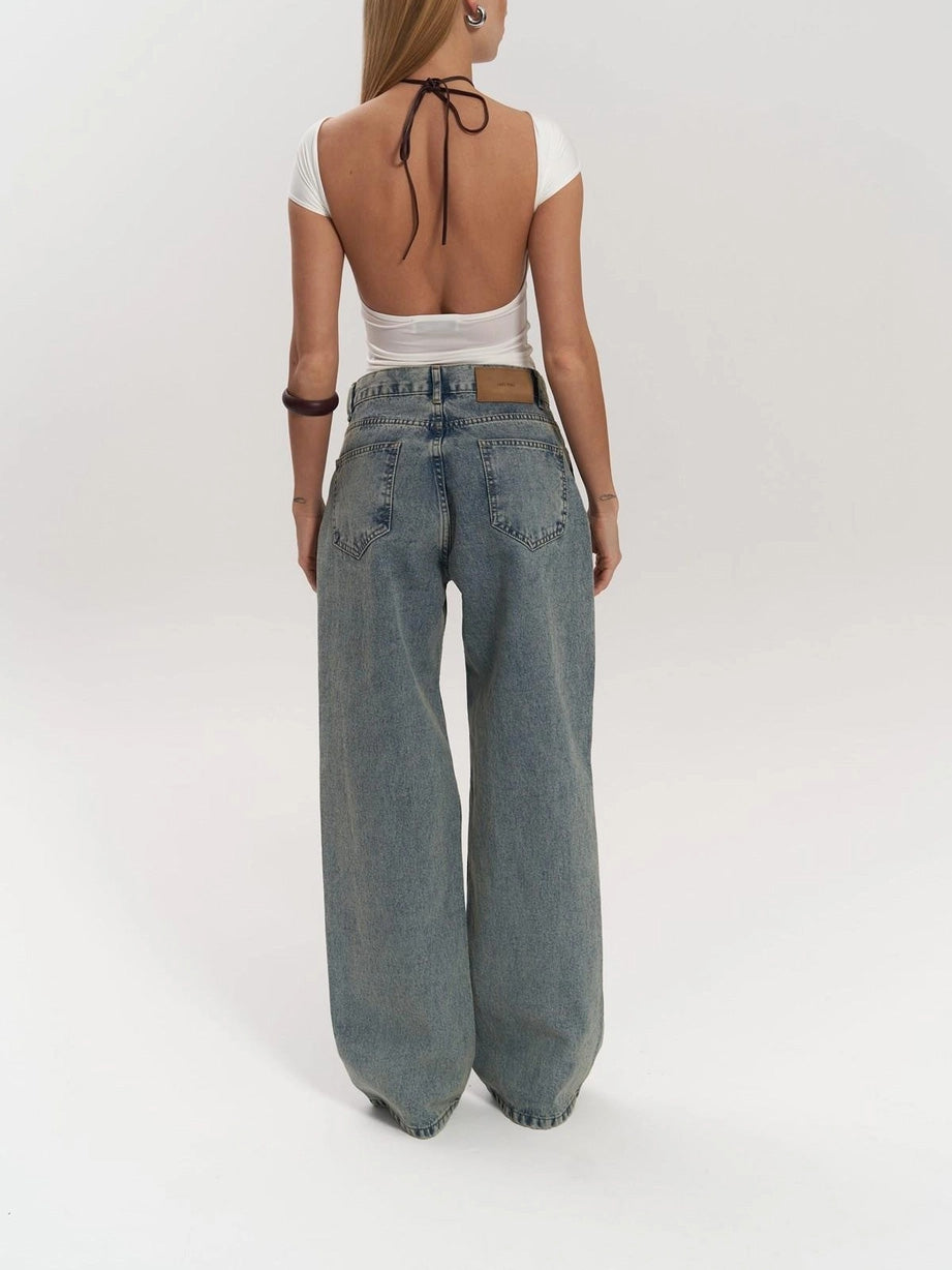 Jeans Large à Taille Haute avec Panneaux en Maille