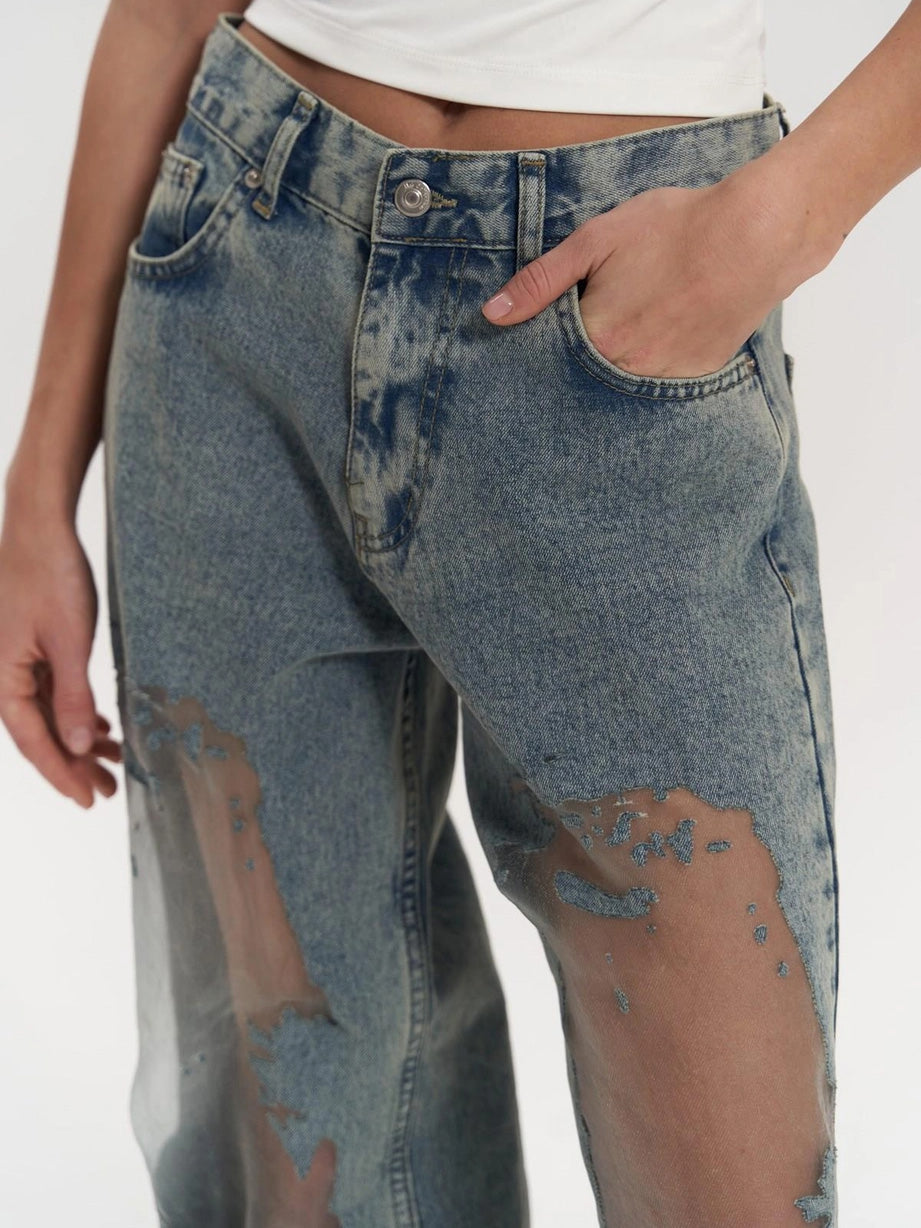 Jeans Large à Taille Haute avec Panneaux en Maille
