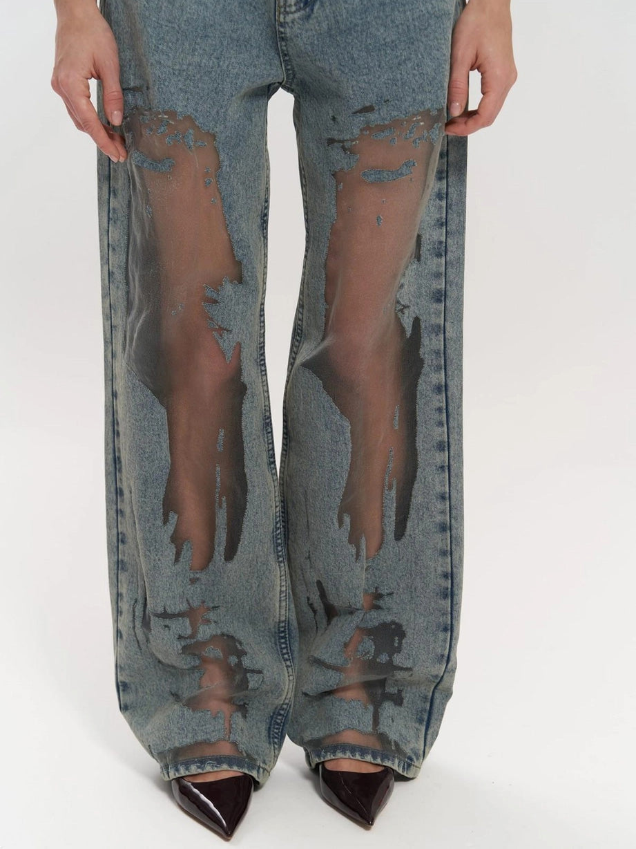 Jeans Large à Taille Haute avec Panneaux en Maille