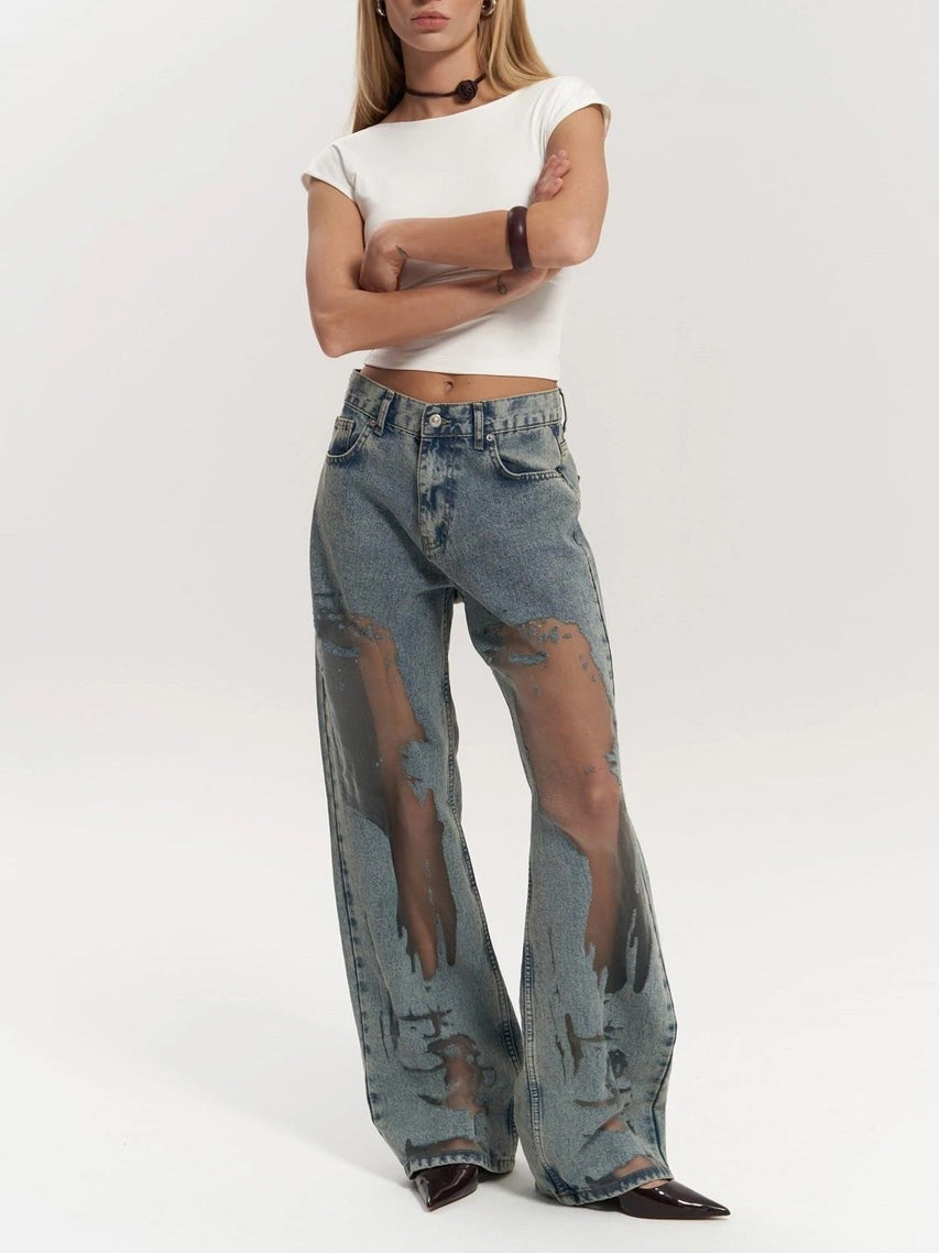 Jeans Large à Taille Haute avec Panneaux en Maille