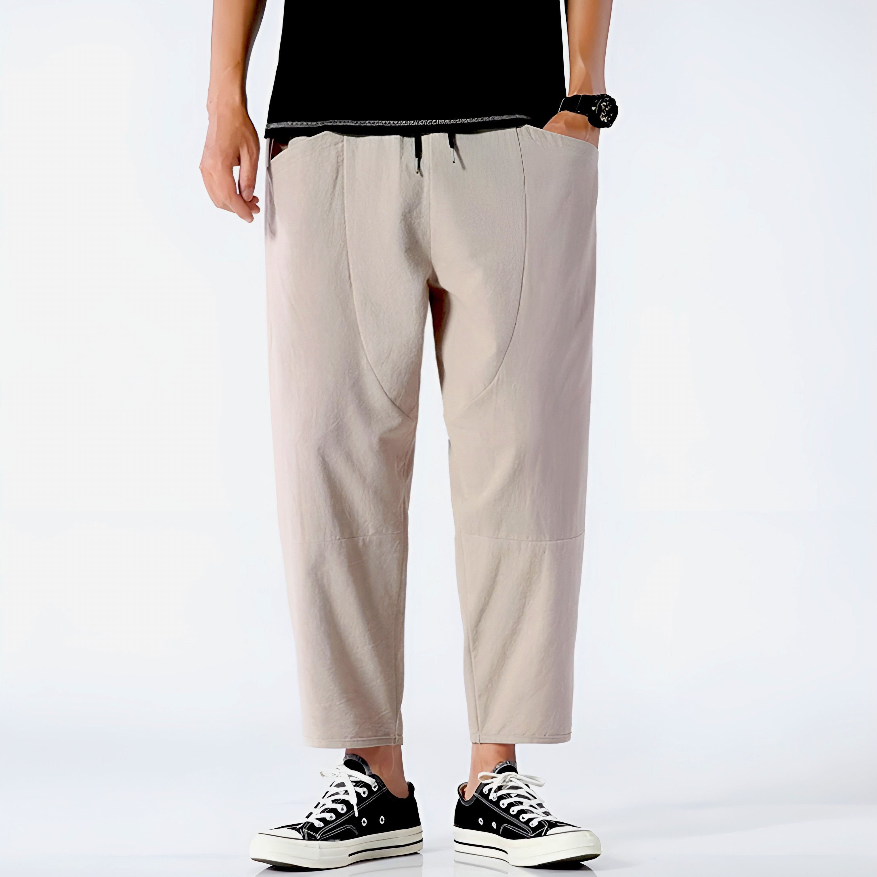 Pantalons Capri en Coton et Lin pour Homme avec Taille à Cordon Ajustable