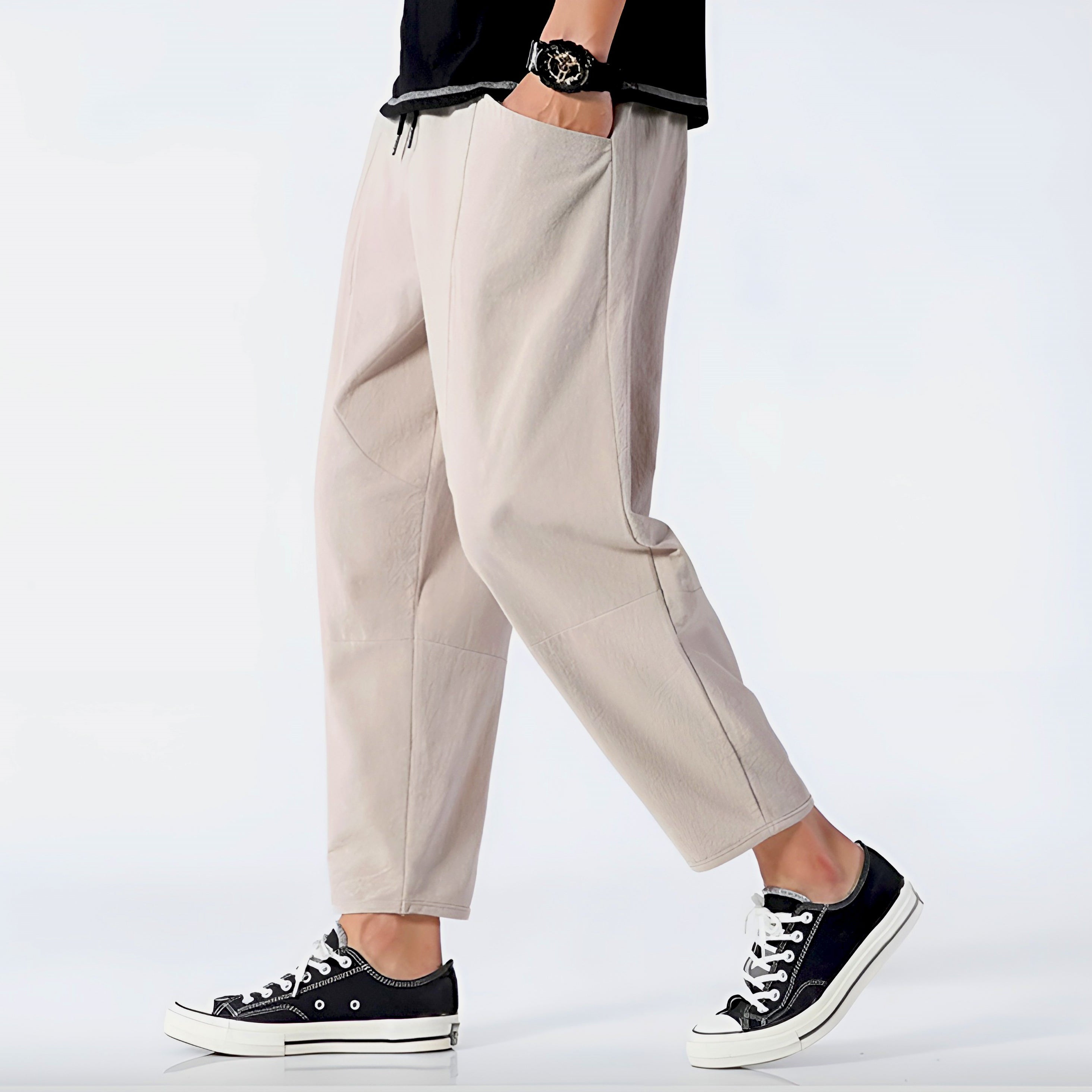 Pantalons Capri en Coton et Lin pour Homme avec Taille à Cordon Ajustable