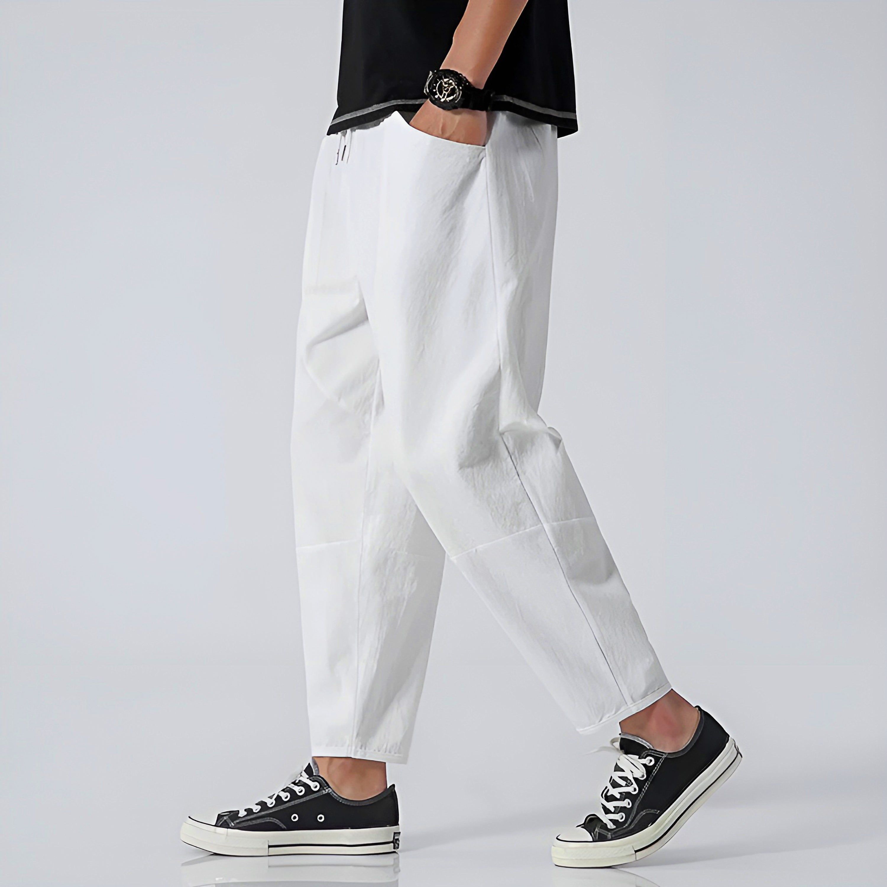 Pantalons Capri en Coton et Lin pour Homme avec Taille à Cordon Ajustable