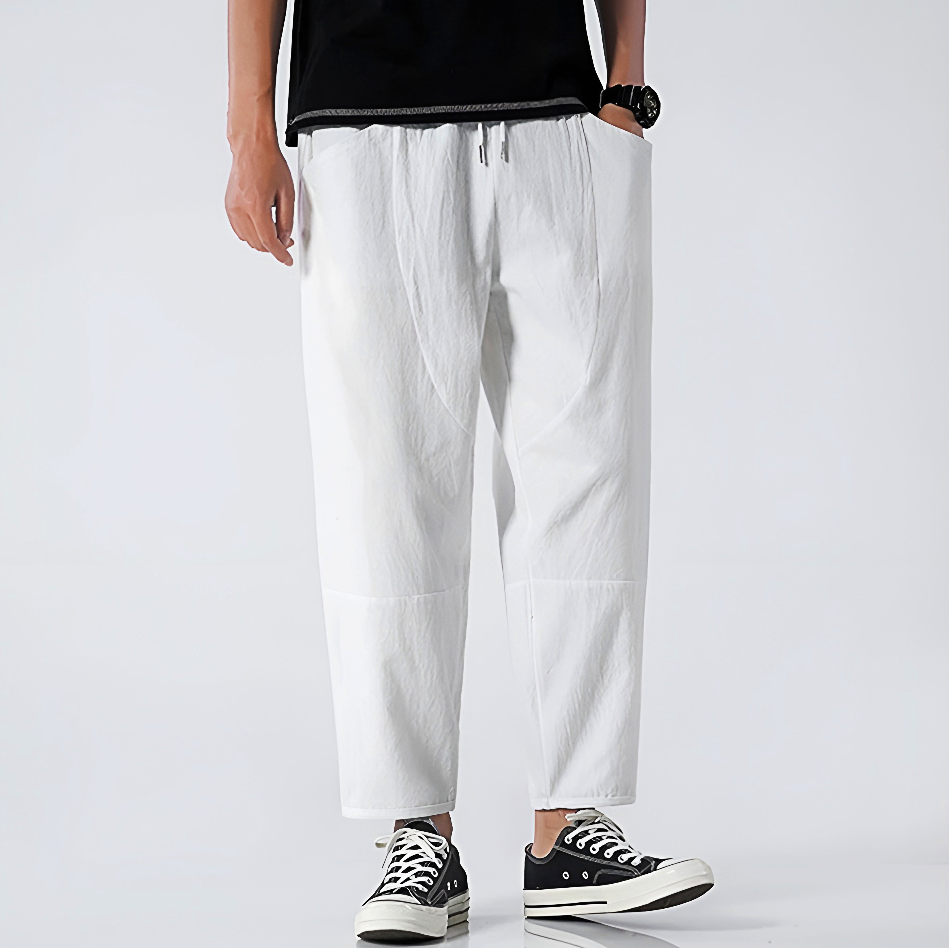 Pantalons Capri en Coton et Lin pour Homme avec Taille à Cordon Ajustable