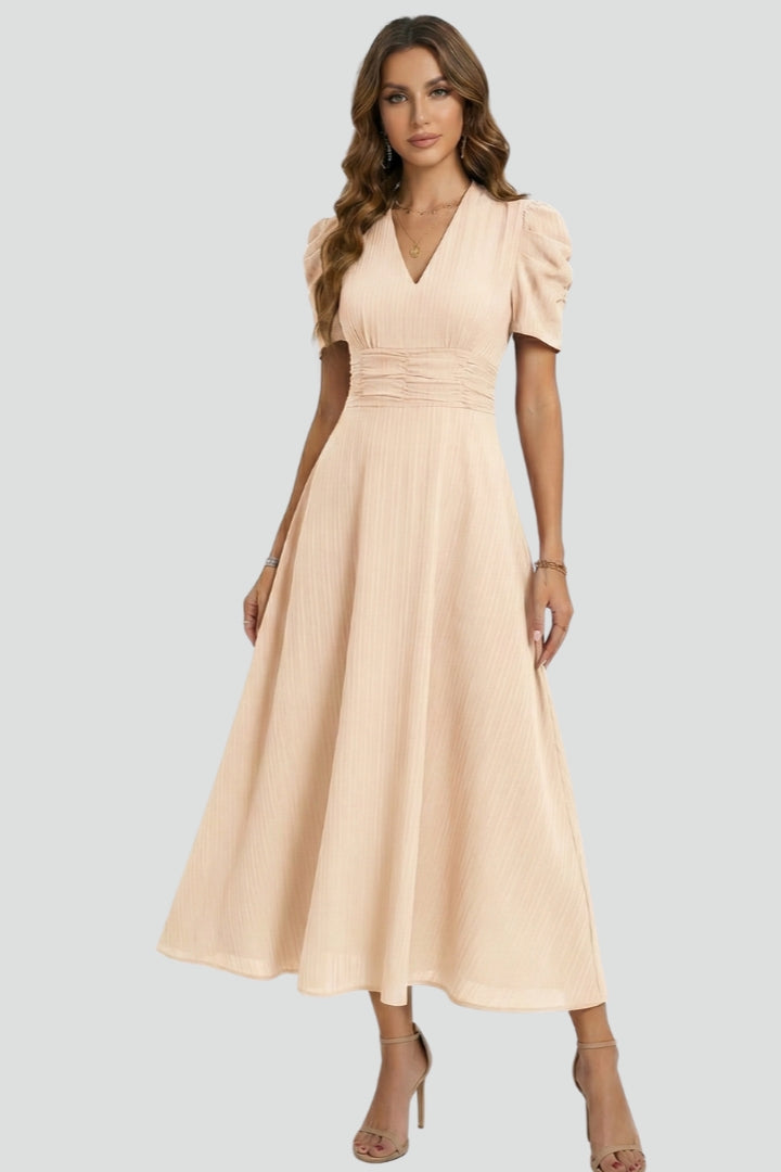 Robe Midi à Col V avec Manches Courtes