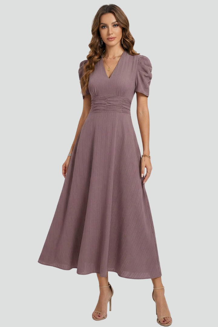 Robe Midi à Col V avec Manches Courtes