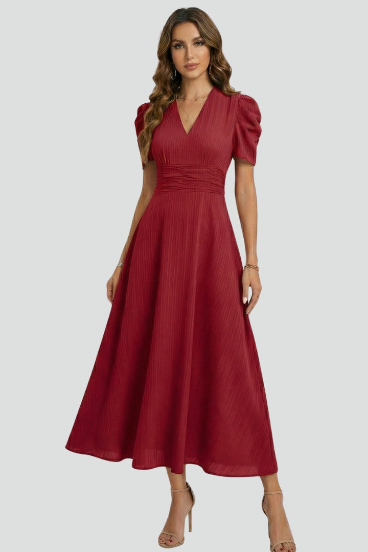 Robe Midi à Col V avec Manches Courtes