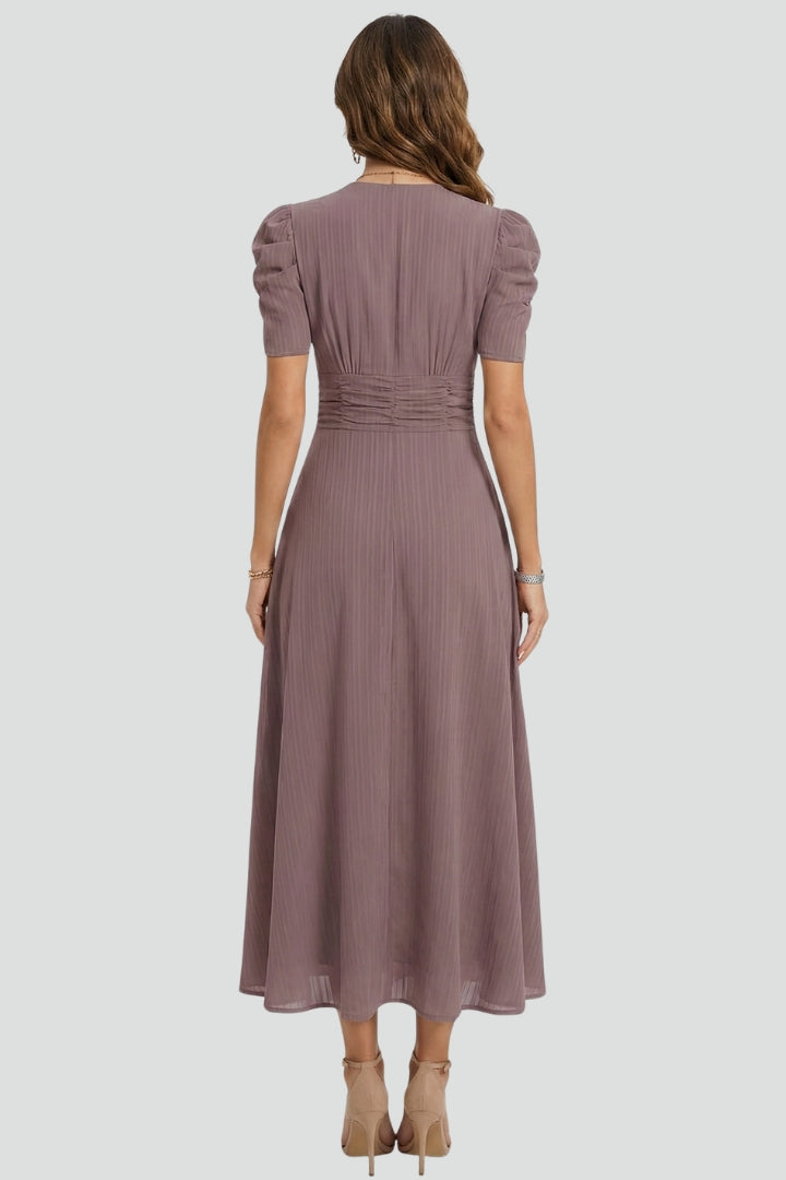 Robe Midi à Col V avec Manches Courtes