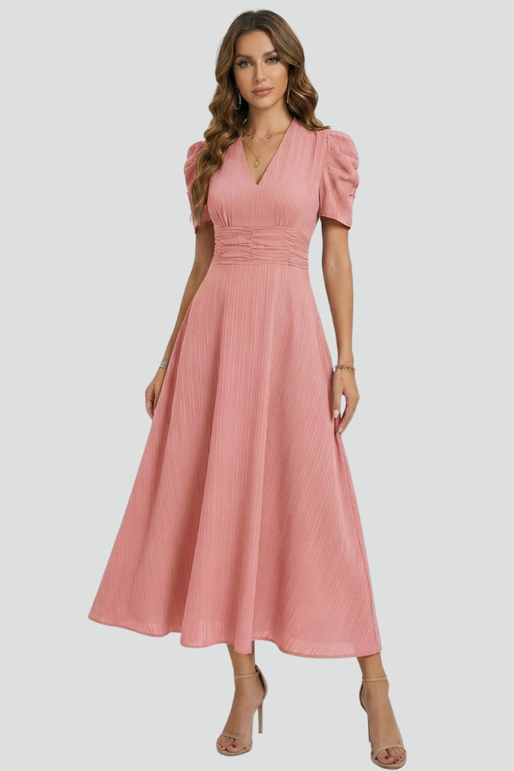 Robe Midi à Col V avec Manches Courtes