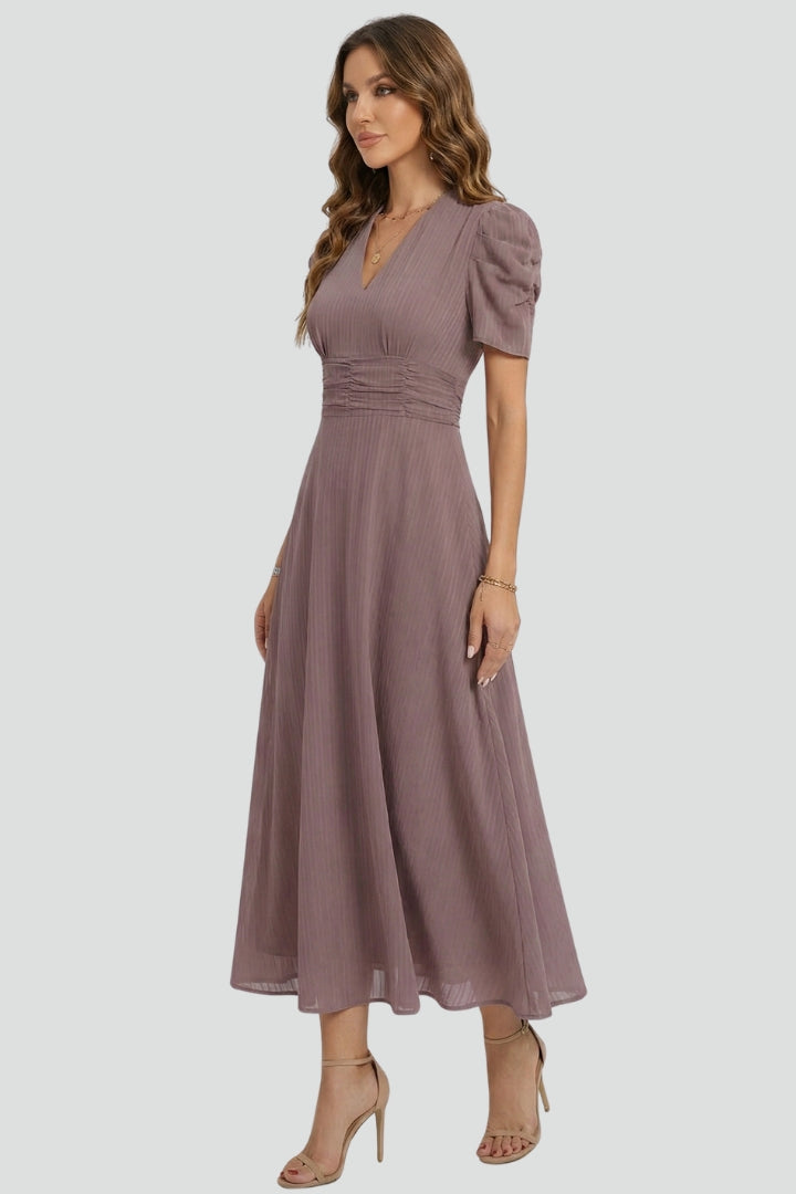 Robe Midi à Col V avec Manches Courtes