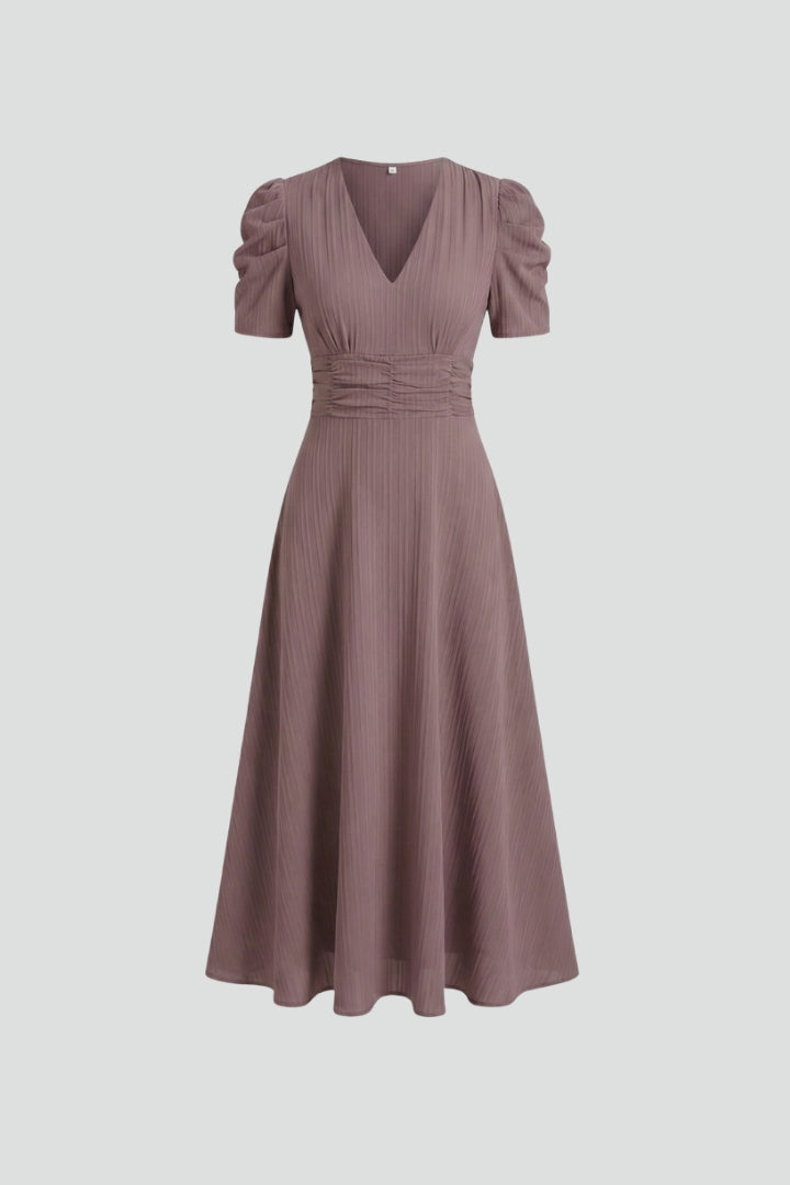 Robe Midi à Col V avec Manches Courtes