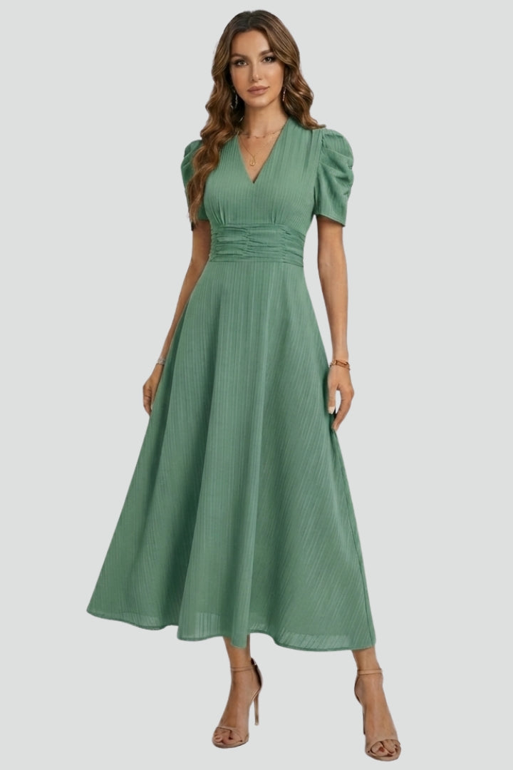 Robe Midi à Col V avec Manches Courtes