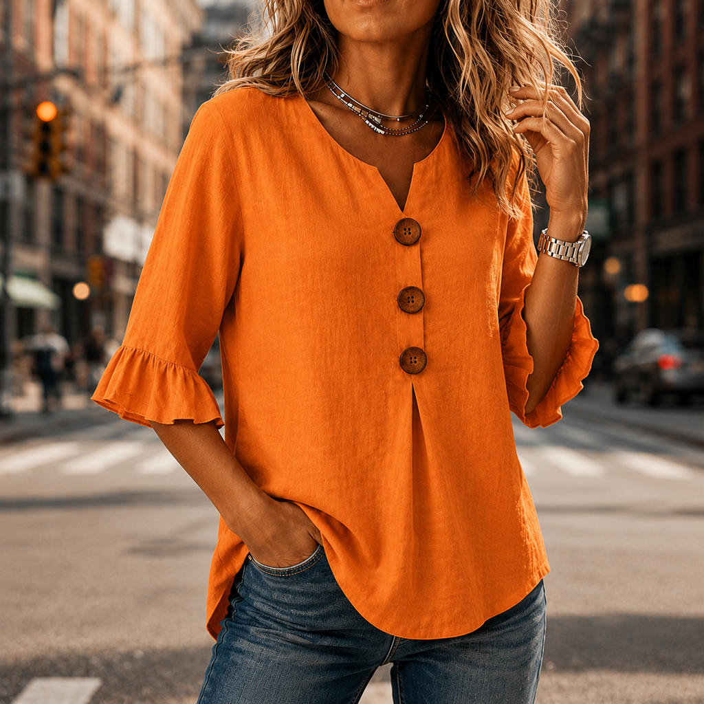 Laurelle – Blouse à manches volantées et décolleté en V avec boutons