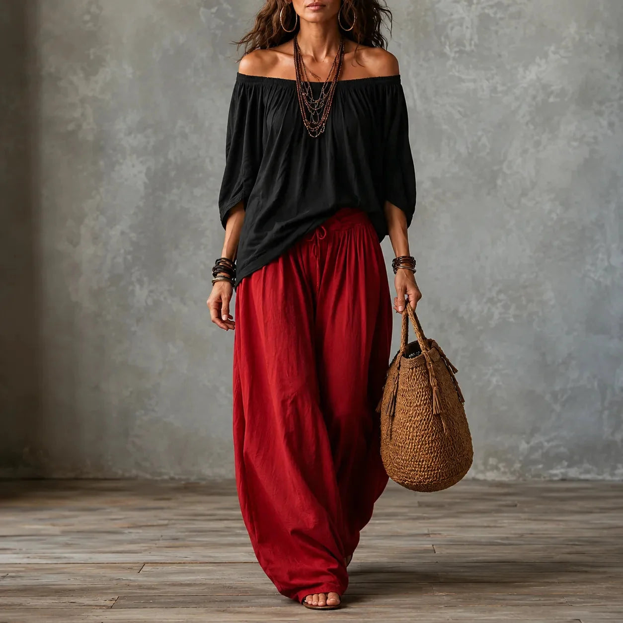 Solenza – Ensemble Haut Off-Shoulder Boho et Pantalons Lantern pour Femmes