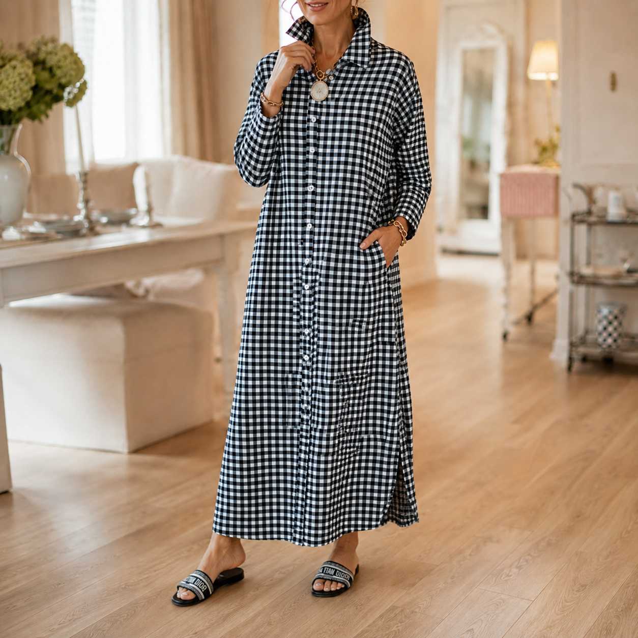 Harlowe – Robe chemise maxi à boutons vichy avec fentes sur les côtés