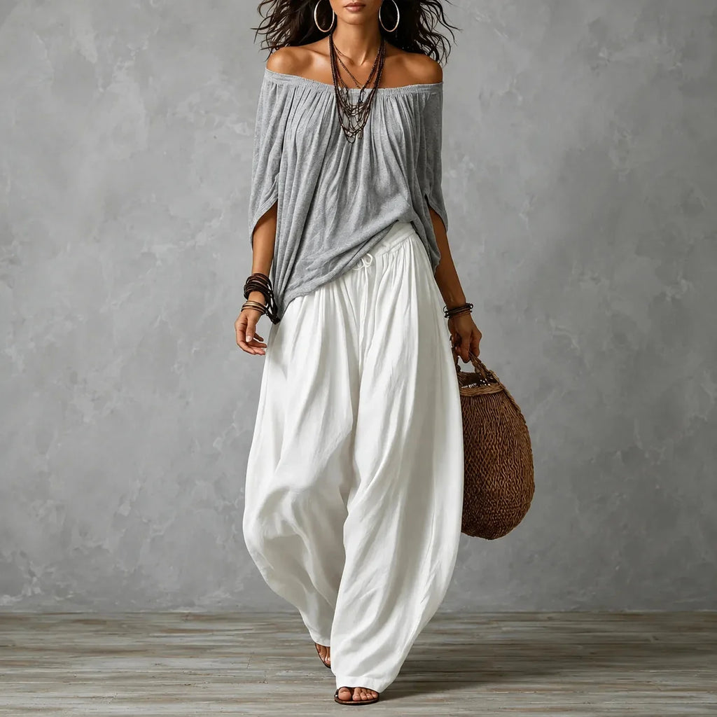 Solenza – Ensemble Haut Off-Shoulder Boho et Pantalons Lantern pour Femmes