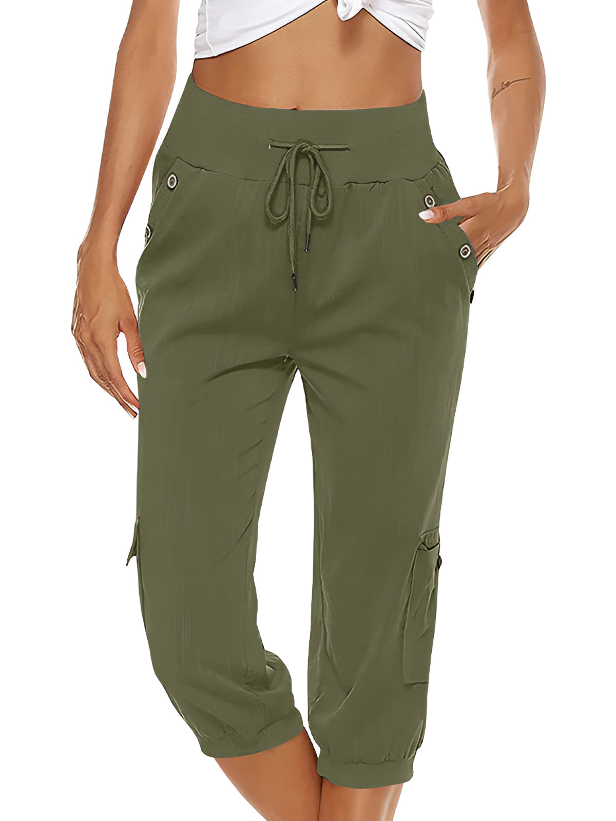 Pantalons Capri pour Femme avec Taille Élastique et Poches à Rabat