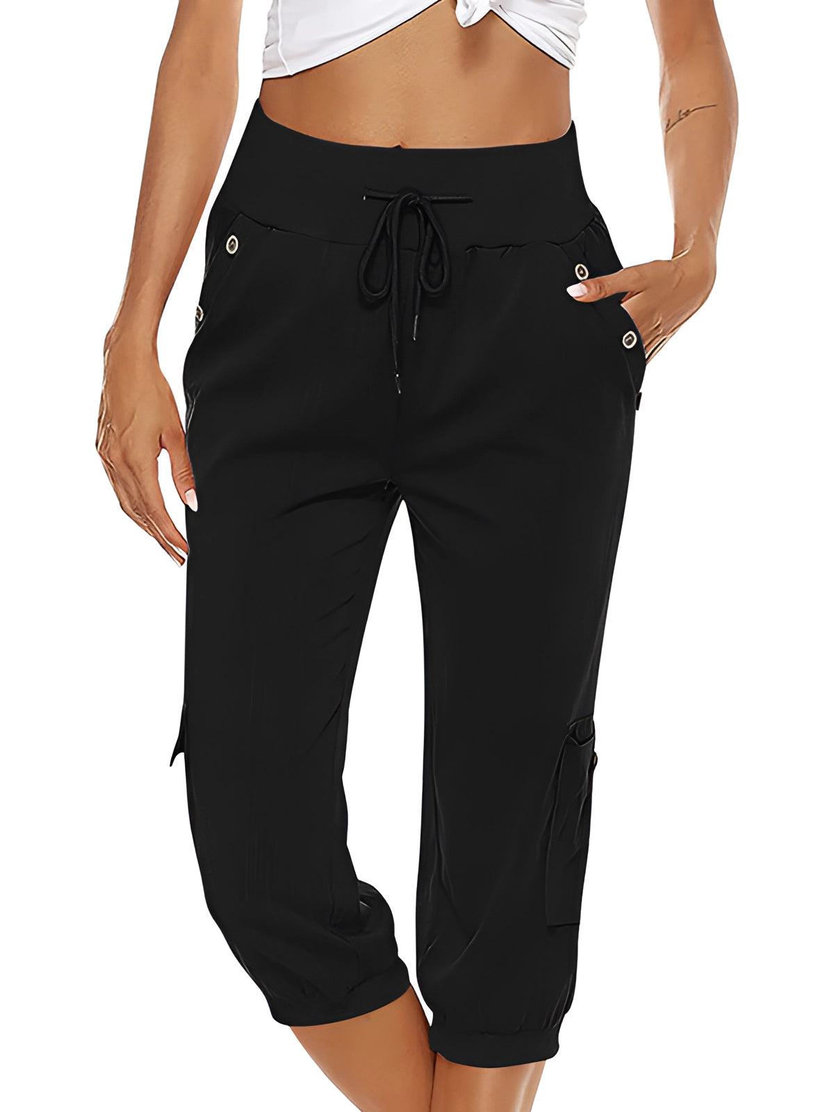 Pantalons Capri pour Femme avec Taille Élastique et Poches à Rabat