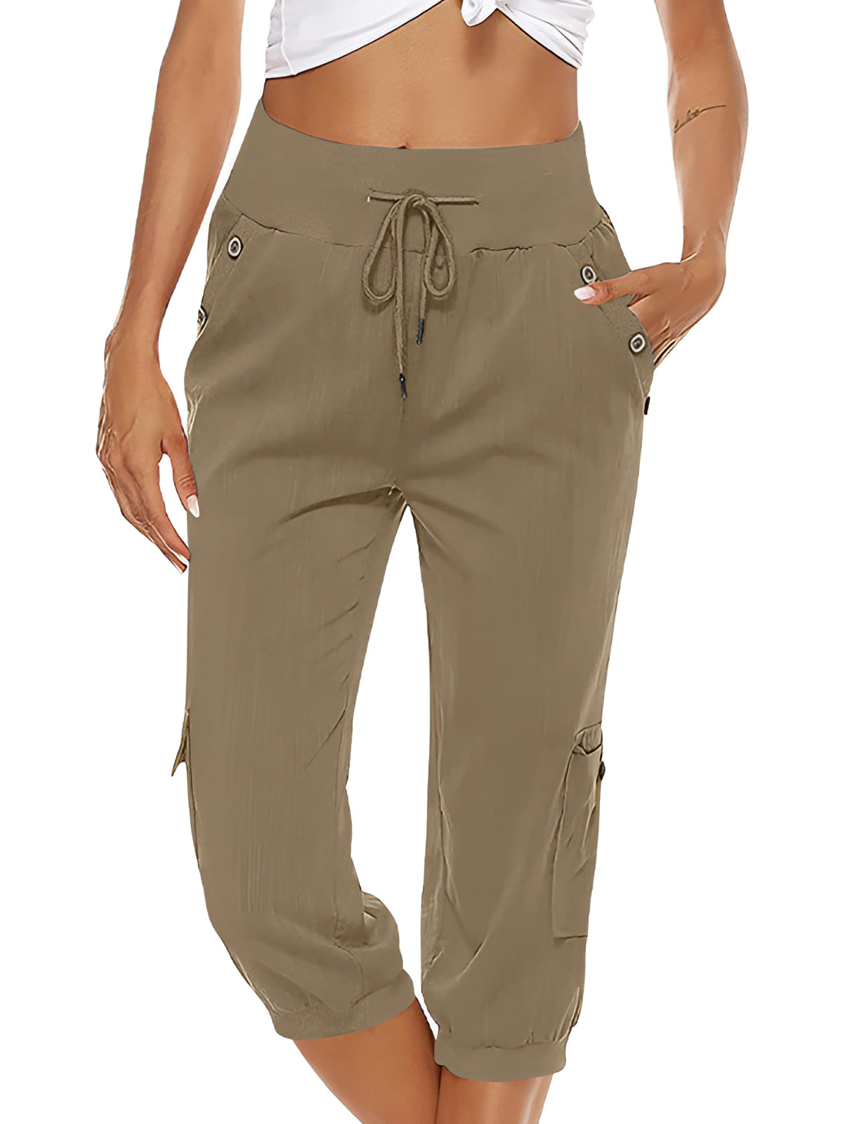 Pantalons Capri pour Femme avec Taille Élastique et Poches à Rabat