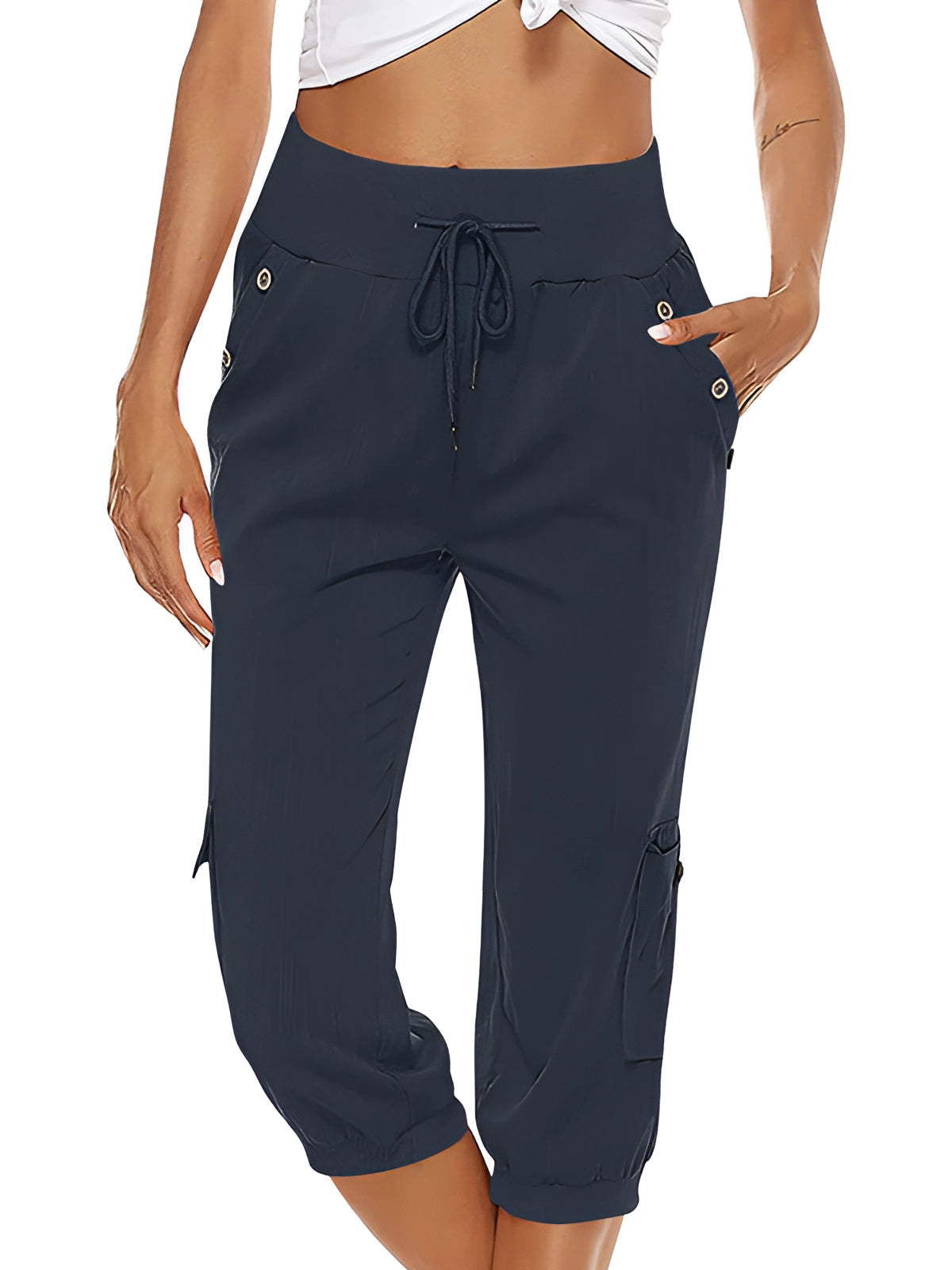 Pantalons Capri pour Femme avec Taille Élastique et Poches à Rabat