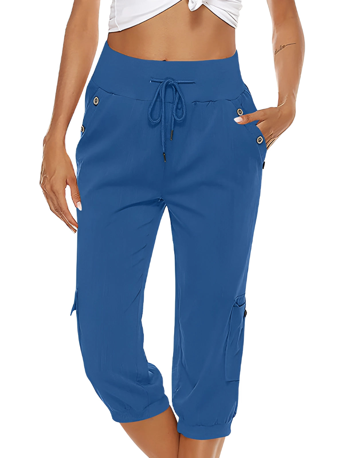Pantalons Capri pour Femme avec Taille Élastique et Poches à Rabat