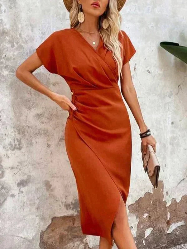 Robe d'été midi élégante en satin de luxe à col en V pour femmes - EvaMaria