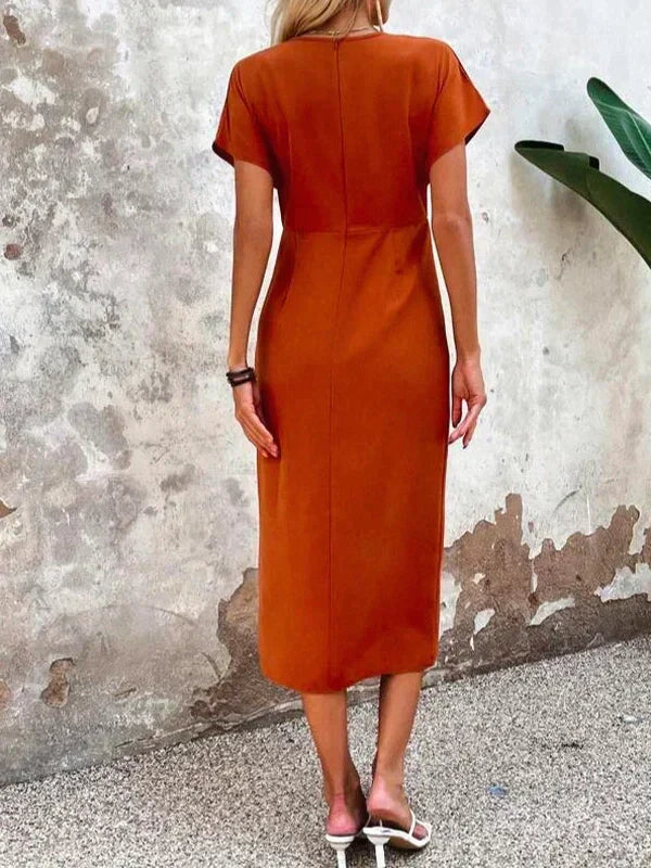 Robe d'été midi élégante en satin de luxe à col en V pour femmes - EvaMaria