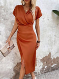 Robe d'été midi élégante en satin de luxe à col en V pour femmes - EvaMaria