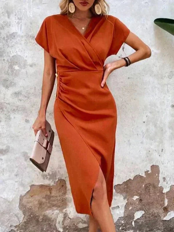 Robe d'été midi élégante en satin de luxe à col en V pour femmes - EvaMaria