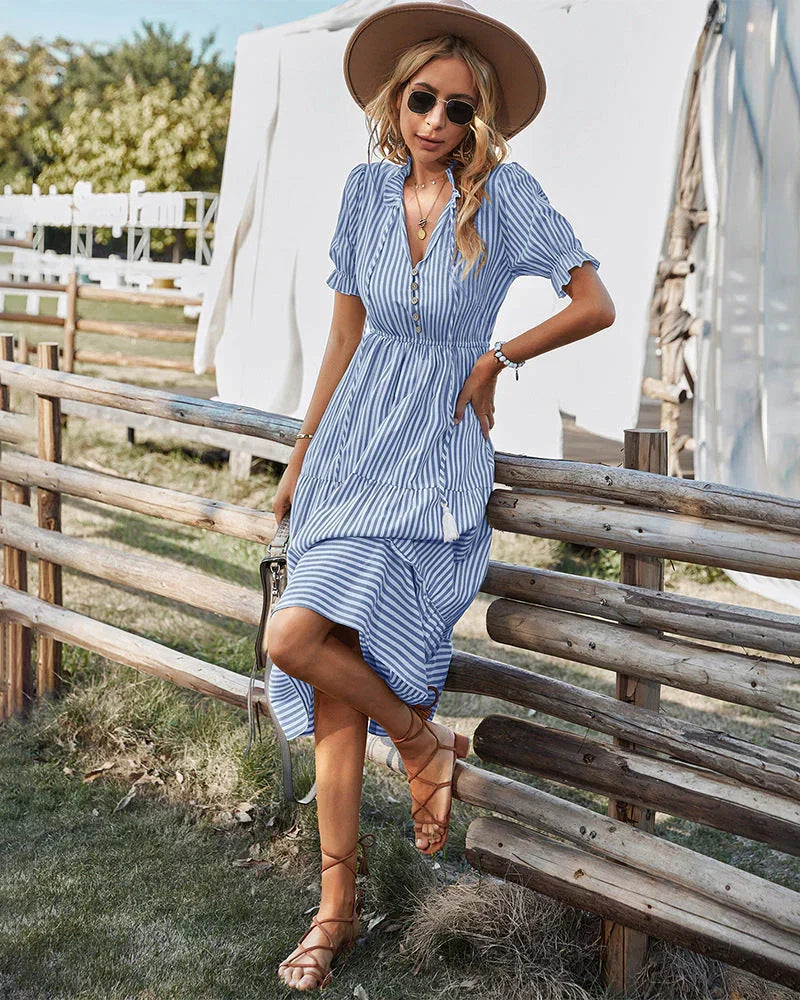 Robe d'Été Midi à Manches Courtes avec Bouton et Coupe Flatteuse pour Femmes - Lisa