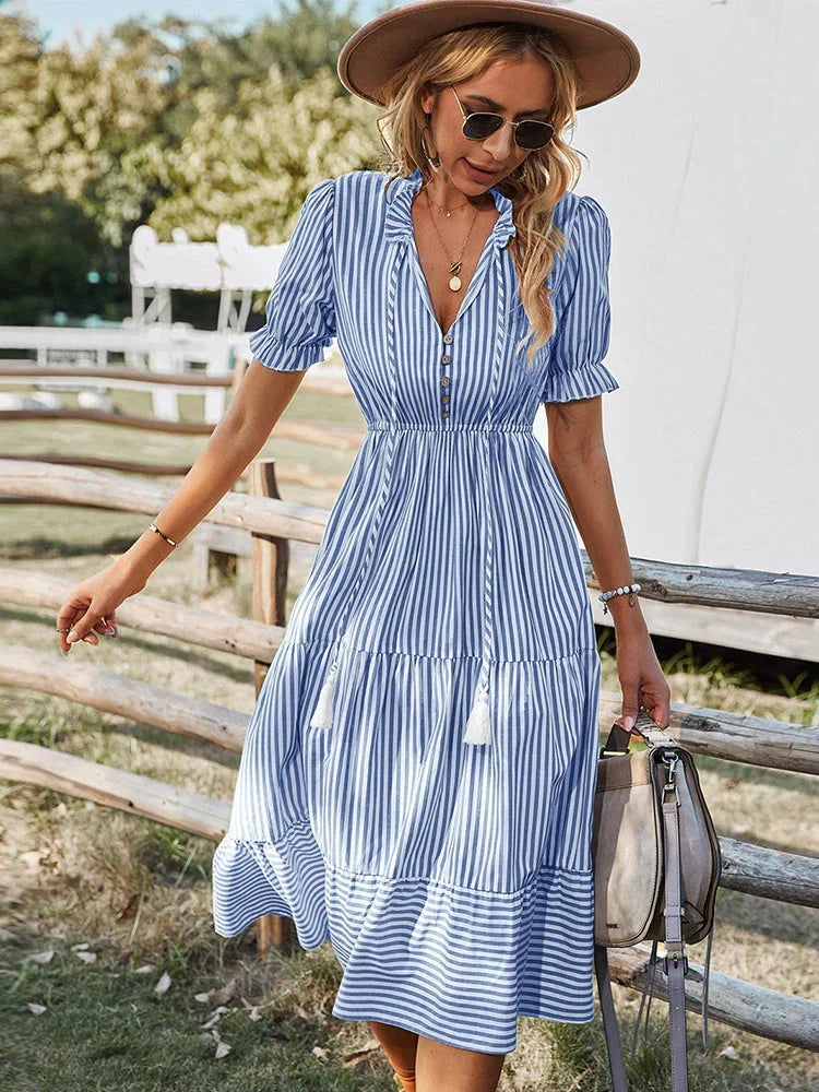 Robe d'Été Midi à Manches Courtes avec Bouton et Coupe Flatteuse pour Femmes - Lisa