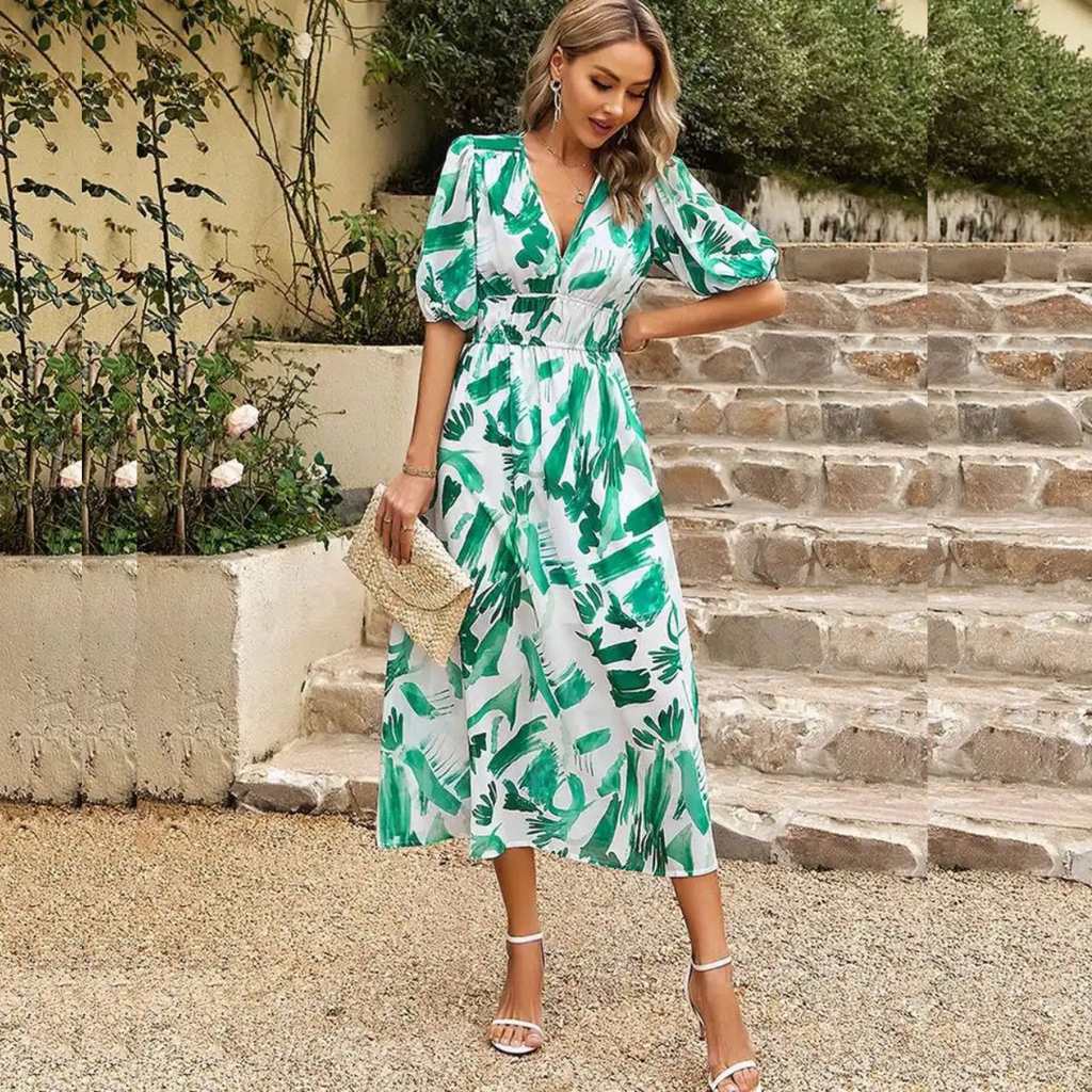 Robe d'été midi à décolleté en V flatteur et taille élastique pour femmes - Linda