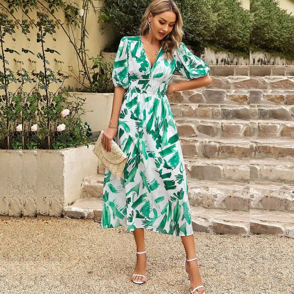 Robe d'été midi à décolleté en V flatteur et taille élastique pour femmes - Linda