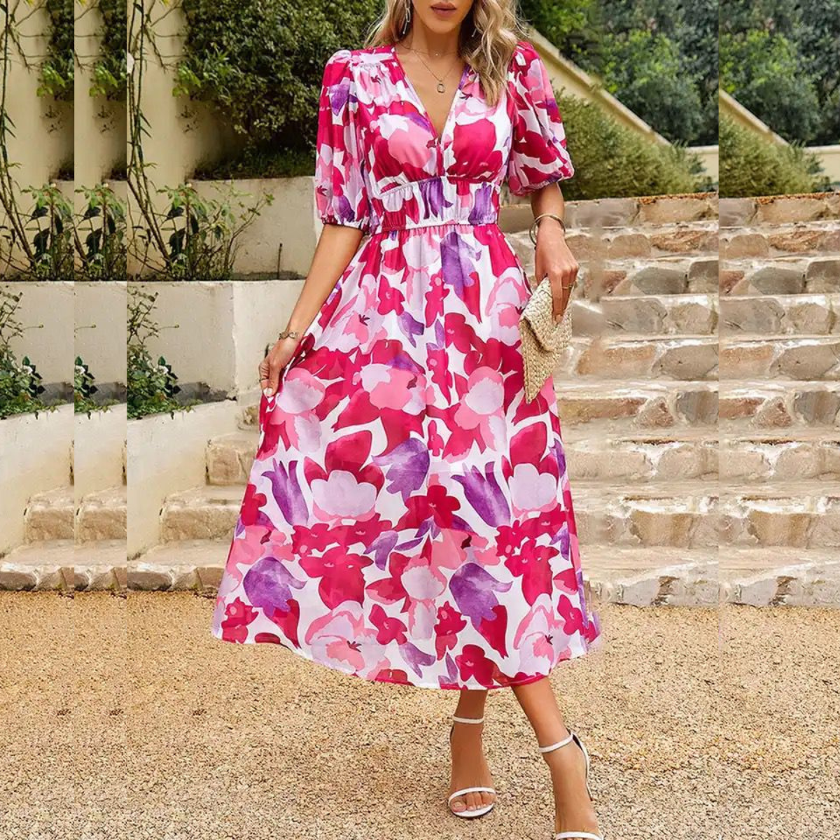 Robe d'été midi à décolleté en V flatteur et taille élastique pour femmes - Linda
