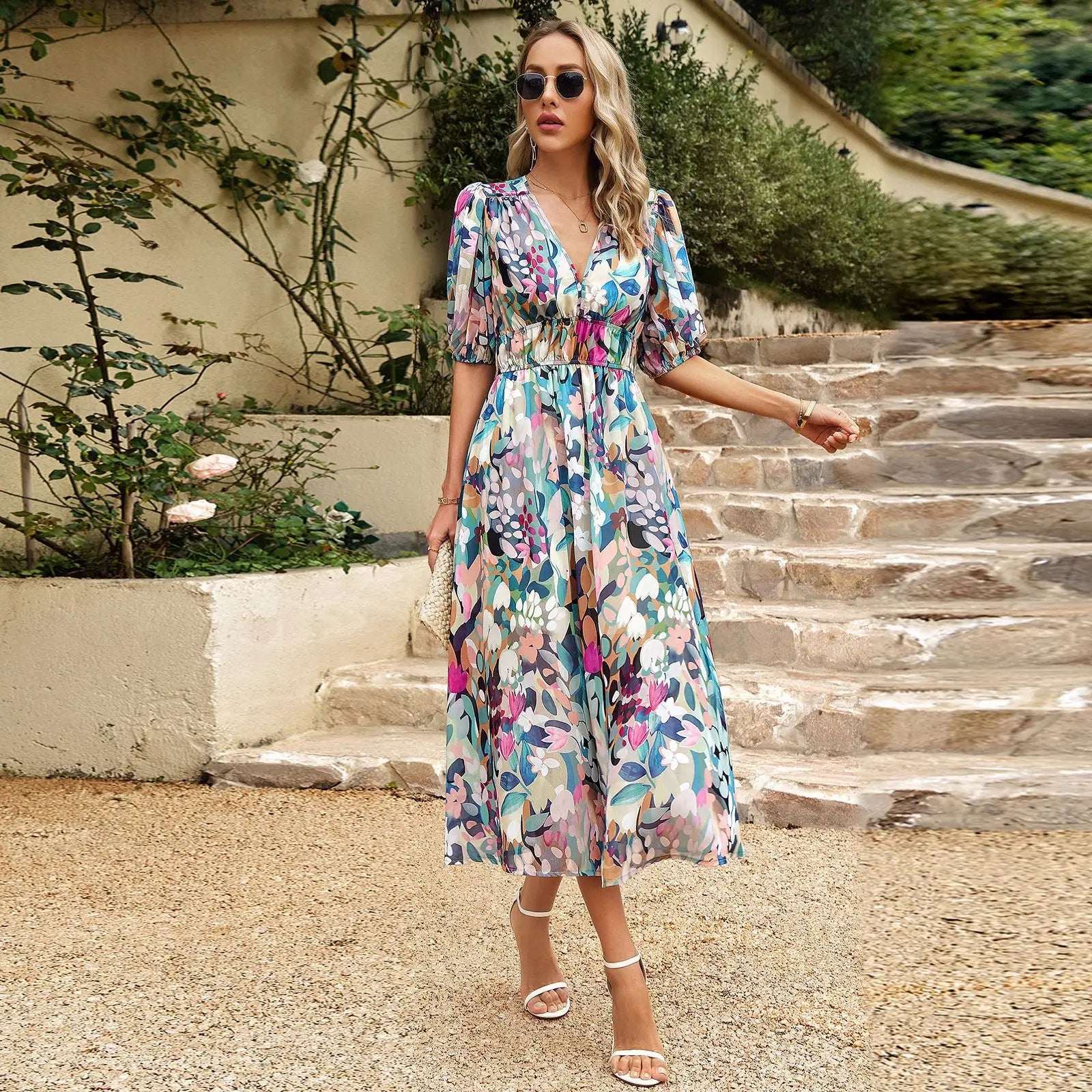 Robe d'été midi à décolleté en V flatteur et taille élastique pour femmes - Linda