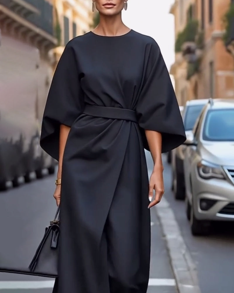 Robe midi d'été élégante et festive pour femmes avec ceinture et manches trois-quarts - Paulien